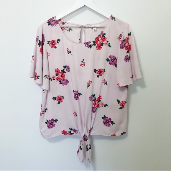 Socialite Tops - Socialite Floral Tie Front Flutter Sleeve Blouse